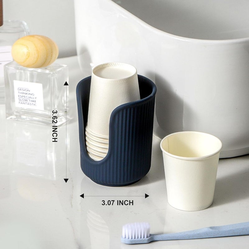Dobbyby Ceramic Bathroom Cup Dispenser with Stylish Vertical Stripes - Disposable Mouthwash Cup Holder Holds 3-4oz Paper Cups for Rinsing Cups on Bathroom Vanity Countertops (Matte Blue) - Image 5